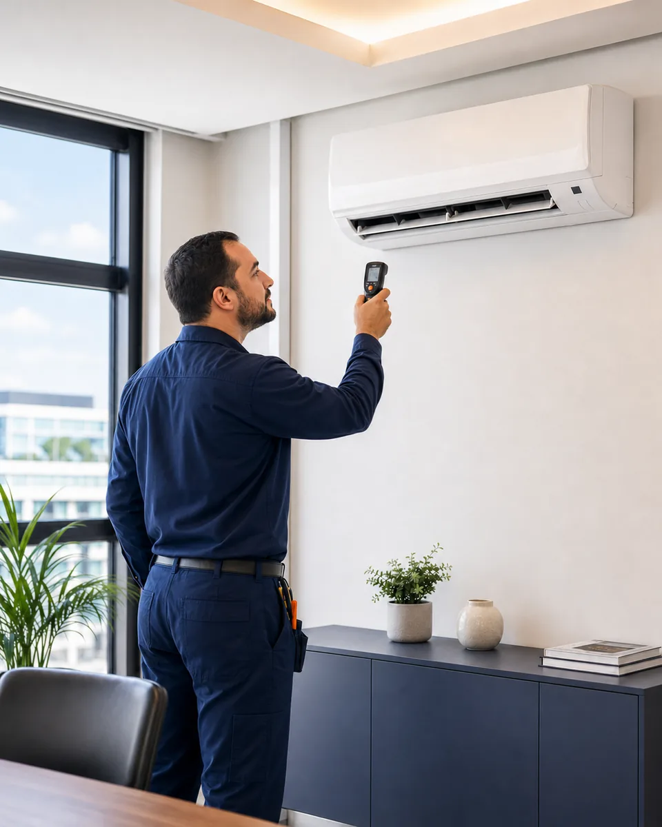 Técnico conferindo o funcionamento de uma instalação de ar-condicionado