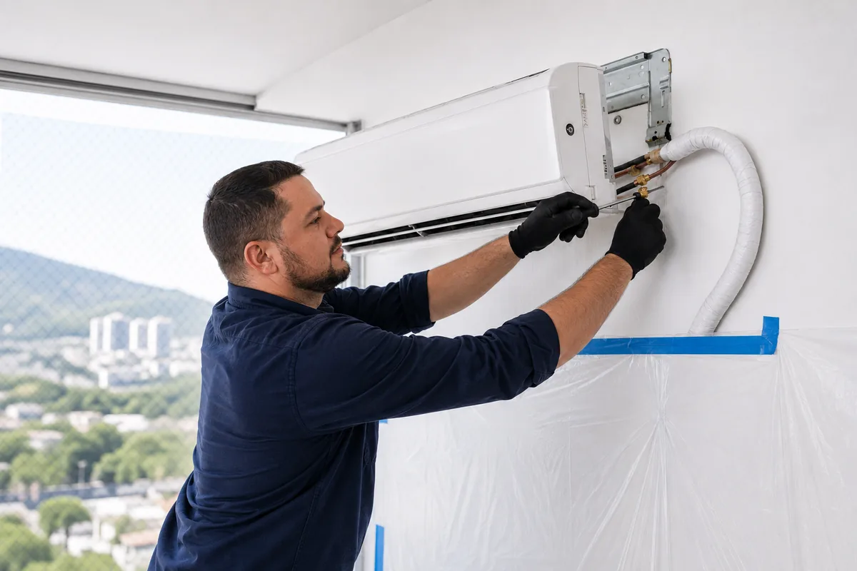 Técnico realizando conserto e desinstalação segura de ar-condicionado