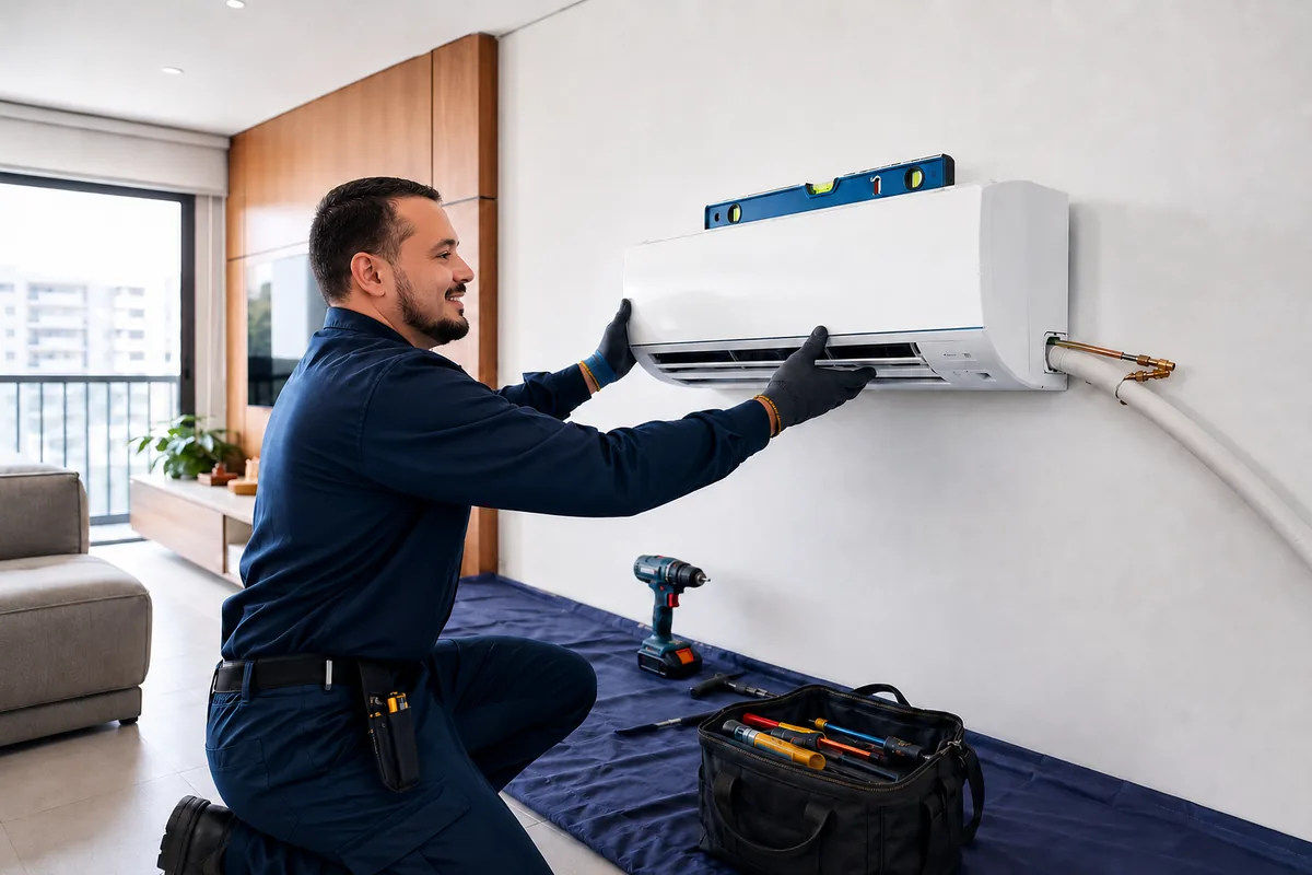 Técnico realizando instalação profissional de ar-condicionado split